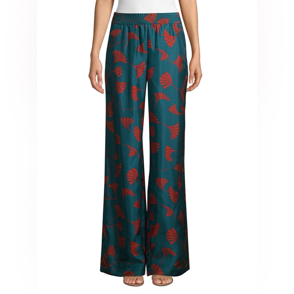 Lafayette 148 New York 100% Silk Teal and Red Leaf Print Pants